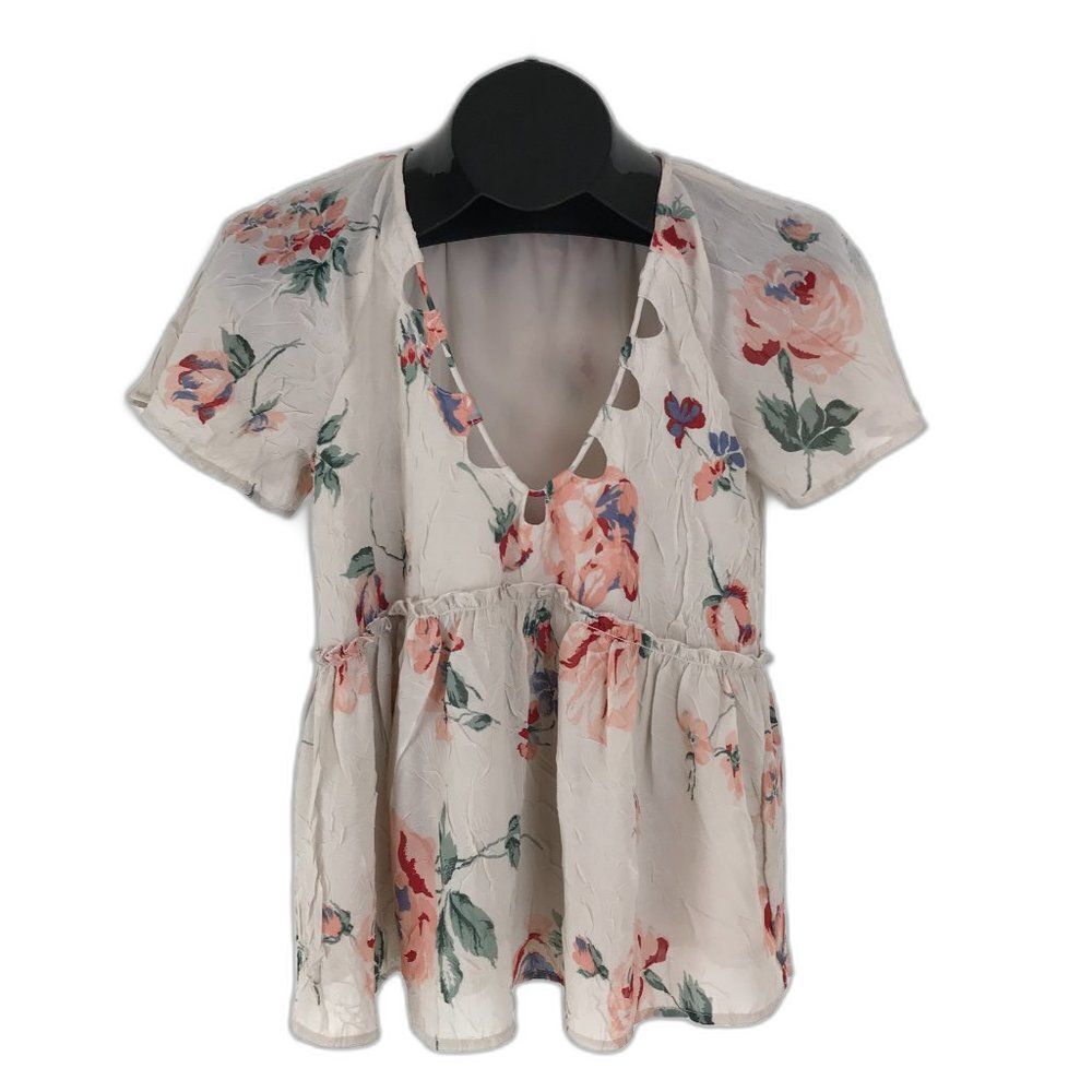 Lucky Brand Peplum Babydoll Top Women's XS Floral Crinkle Chiffon Lined V-Neck